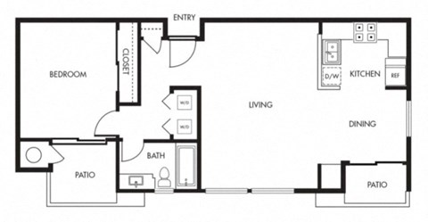 Floor plan for 1 bed, 1 bath, 740 sqft